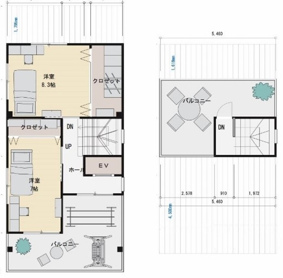 建築システム（狭小住宅専門店） プラン１９－鉄骨３階建二世帯住宅 間口５．４ｍ（３間）　３階建て　延床面積１８２㎡（５５坪） ３階＋屋上