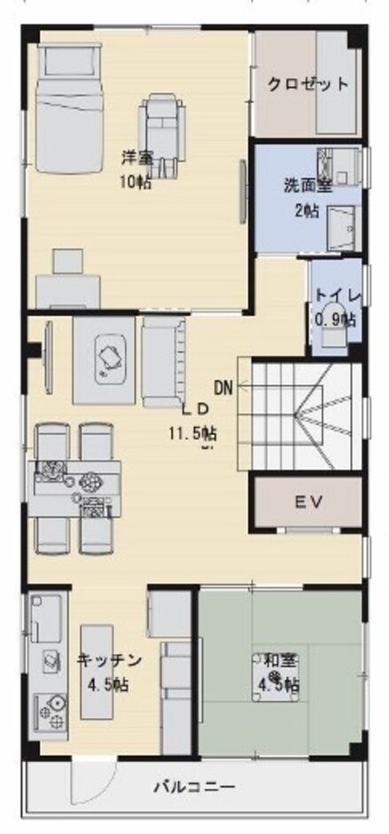 建築システム（狭小住宅専門店） プラン１９－鉄骨３階建二世帯住宅 間口５．４ｍ（３間）　３階建て　延床面積１８２㎡（５５坪） ２階