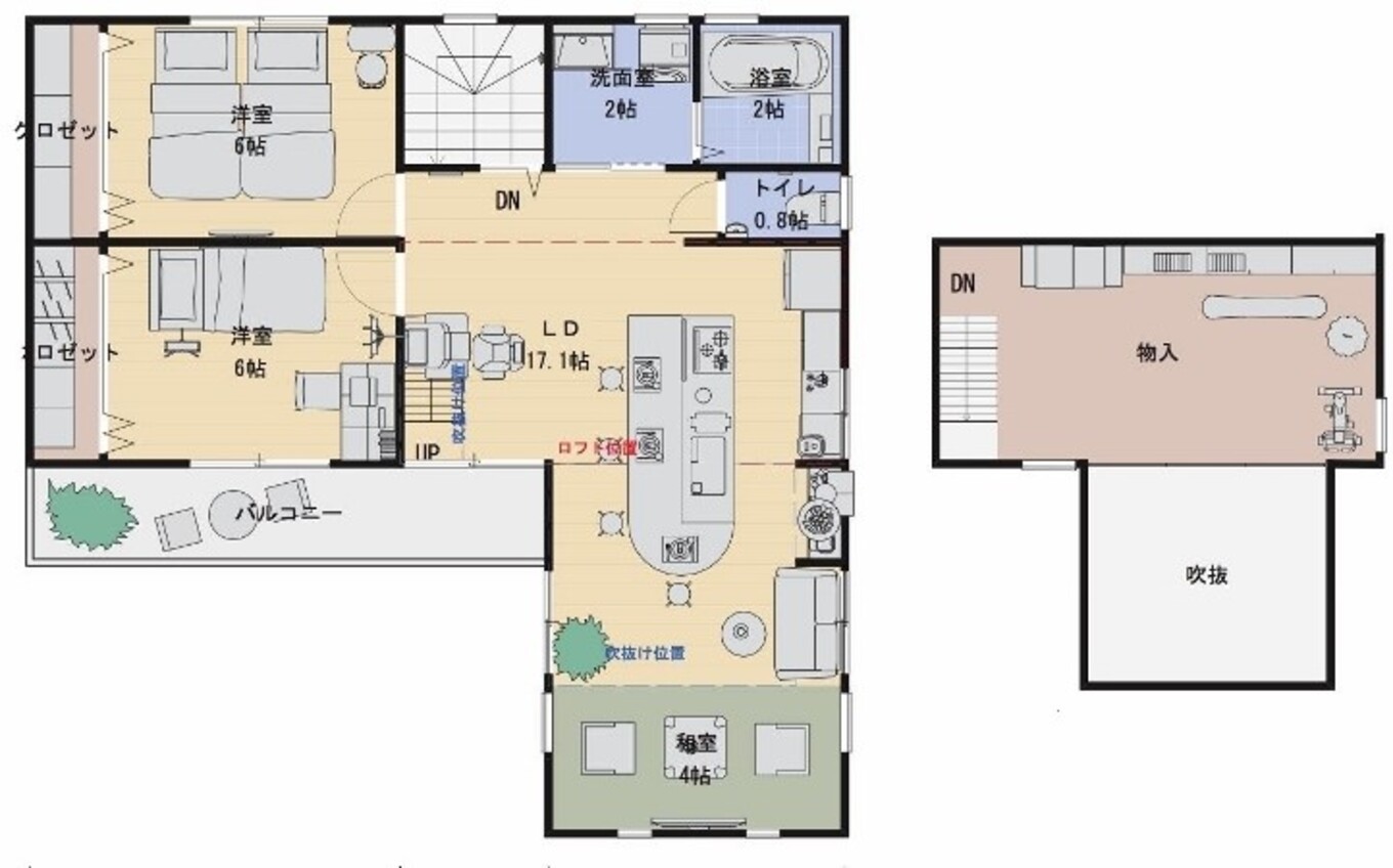 建築システム（狭小住宅専門店） プラン２４－間口１０．３ｍ（５．７間）　２階建て二世帯　延床面積１３９㎡（４２．０坪） ２階＋ロフト