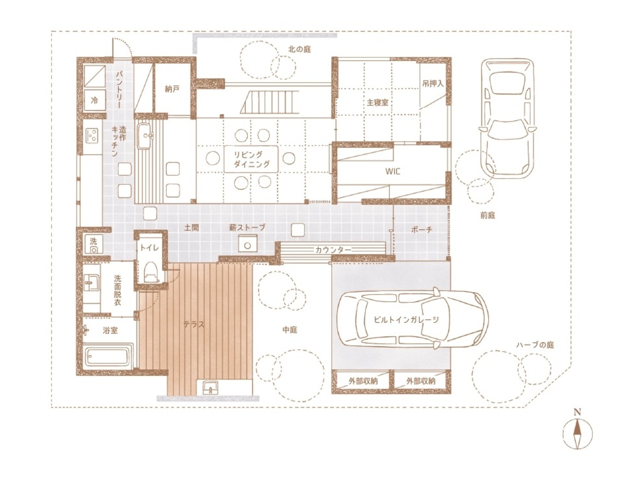 桂建設 土間×薪ストーブ×ビルトインガレージのモデルハウス 1階
