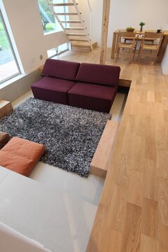 段差を利用したダウンリビング。シックなソファとラグが配置され、落ち着いた雰囲気を演出している。【アクトホーム】