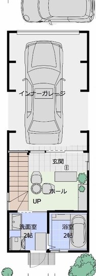 建築システム（狭小住宅専門店） プラン２２－敷地１９坪 間口３．６ｍ（２．０間）　３階建て　延床面積１１５㎡（３４．７坪） １階