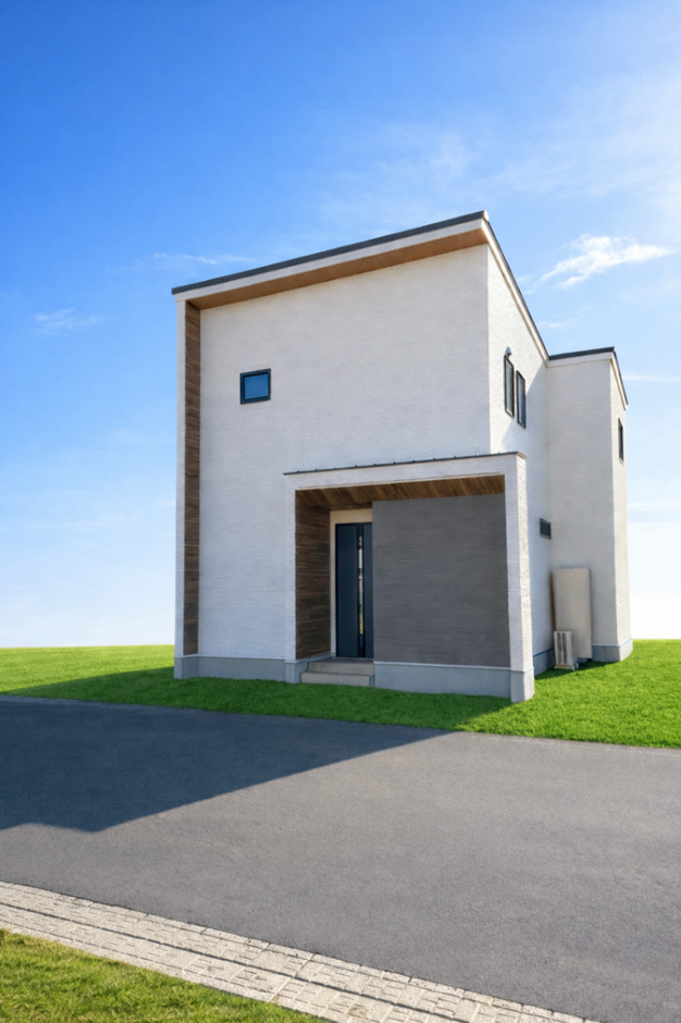 青空の下にそびえるスマートなデザインの二階建て住宅。シンプルながらも現代的なラインが印象的で、爽やかな印象を与える。