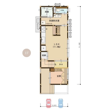 25坪2LDK　間口3.9ｍ　2階建て　（敷地29坪　間口5.4ｍ×奥行き18ｍ）