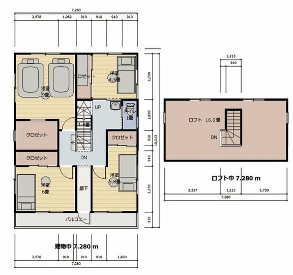 建築システム（狭小住宅専門店） プラン３－間口７．２ｍ（４間）　２階建て５ＬＤＫ　延床面積１４８㎡（４４．８坪） 2階＋ロフト