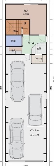建築システム（狭小住宅専門店） プラン２９－間口４．９ｍ（２．７間）３階建ビルトインガレージ　延床面積２５７㎡（７７．８坪） １階