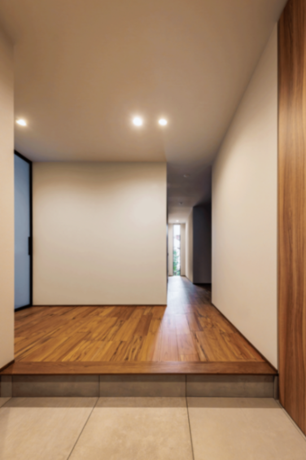 二世帯共用のエントランス。リビングに来客がいても、顔を合わせず各部屋に行けるよう廊下を設けた