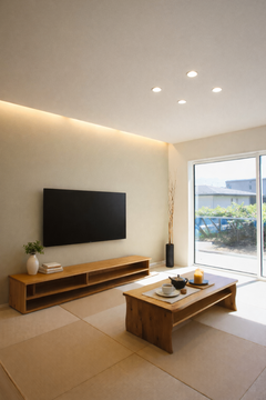 モダンな畳スペースで、壁掛けテレビと和風のローテーブルが配置されている。大きな窓から自然光が差し込み、明るく心地よい空間となっている。【フィアスホーム甲斐山梨店】