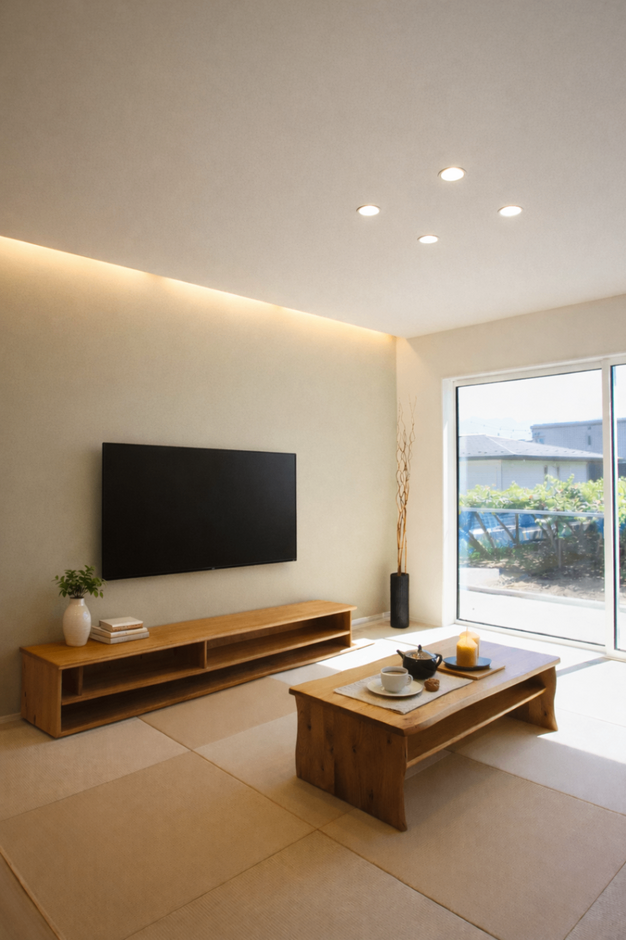 モダンな畳スペースで、壁掛けテレビと和風のローテーブルが配置されている。大きな窓から自然光が差し込み、明るく心地よい空間となっている。