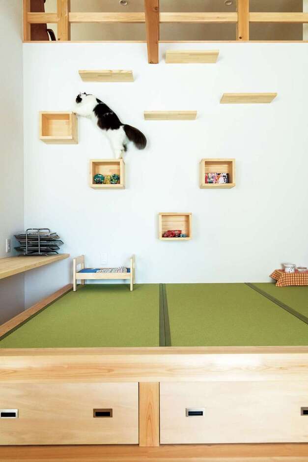 和室の壁はキャットウォークに。飾り棚にもなる小箱をうまく活用してインテリア性もアップ