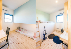 ４つある子ども部屋のうち真ん中の２つは、ベッドを上下でスペースを分けて造作し空間を有効活用