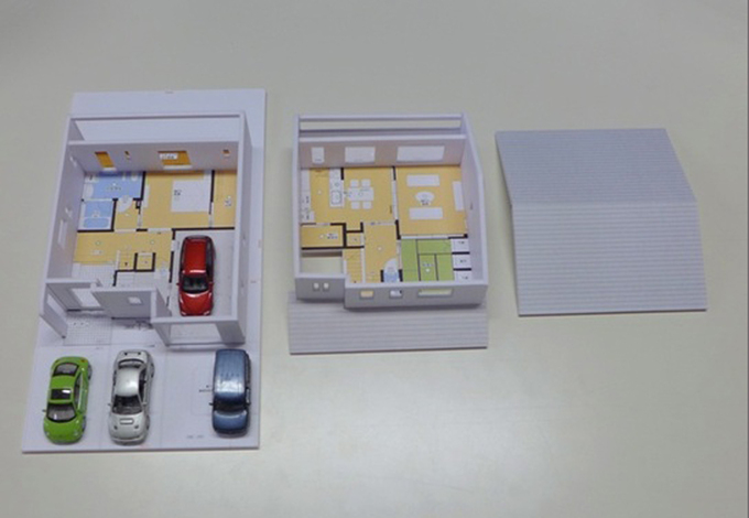 計画段階からイメージを膨らませるために、模型を使って暮らし方や外観デザインをイメージ