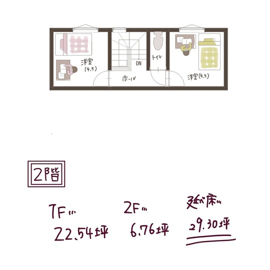 子育て安心住宅 Design Craft Office 広々ランドリースペースで洗濯らくらくの半平屋の間取り ２階