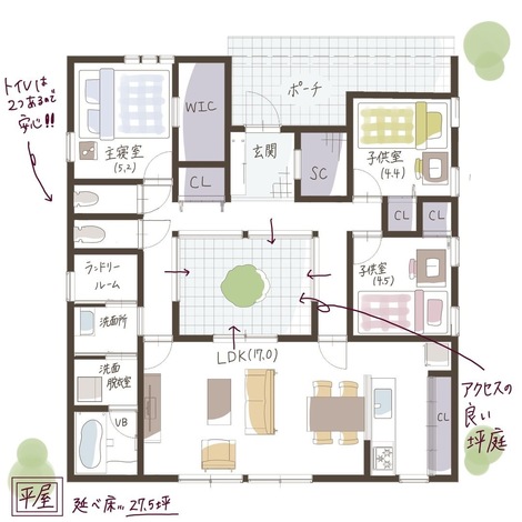 中庭のある平屋の間取り