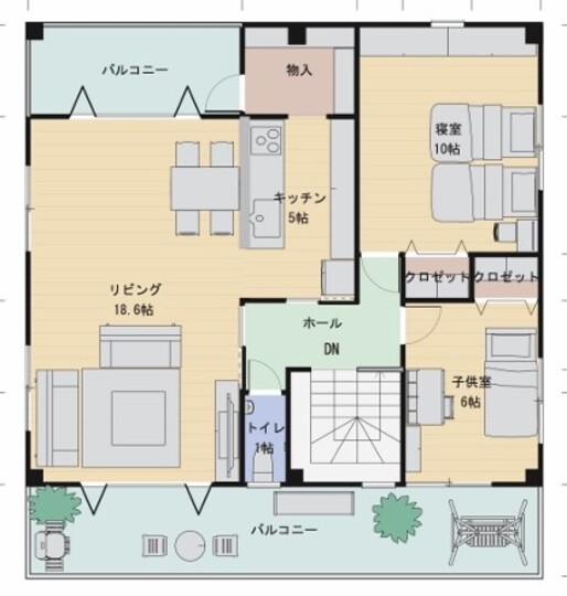 建築システム（狭小住宅専門店） プラン３７－間口１０ｍ（５．５間）　鉄骨２階建てビルトインガレージ　延床面積１４６㎡（４４．２坪） ２階