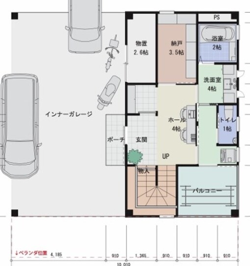 建築システム（狭小住宅専門店） プラン３７－間口１０ｍ（５．５間）　鉄骨２階建てビルトインガレージ　延床面積１４６㎡（４４．２坪） １階