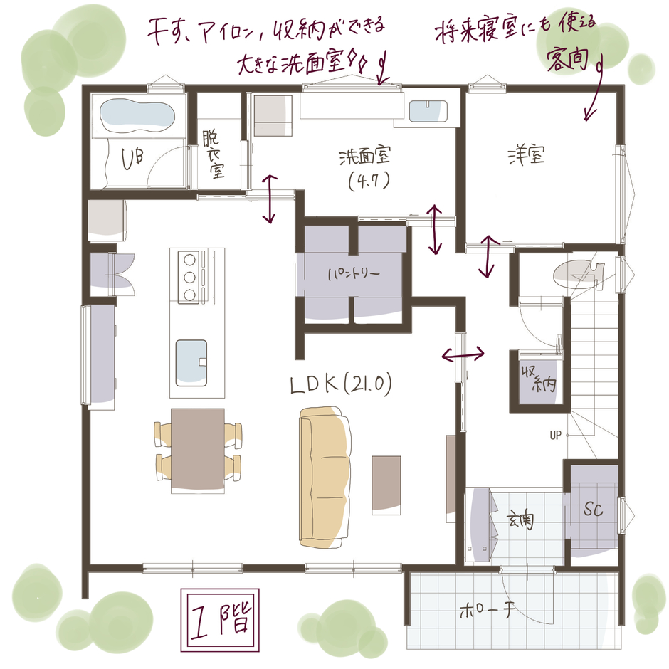 子育て安心住宅 Design Craft Office 将来寝室として使える洋室が１階にある間取り １階
